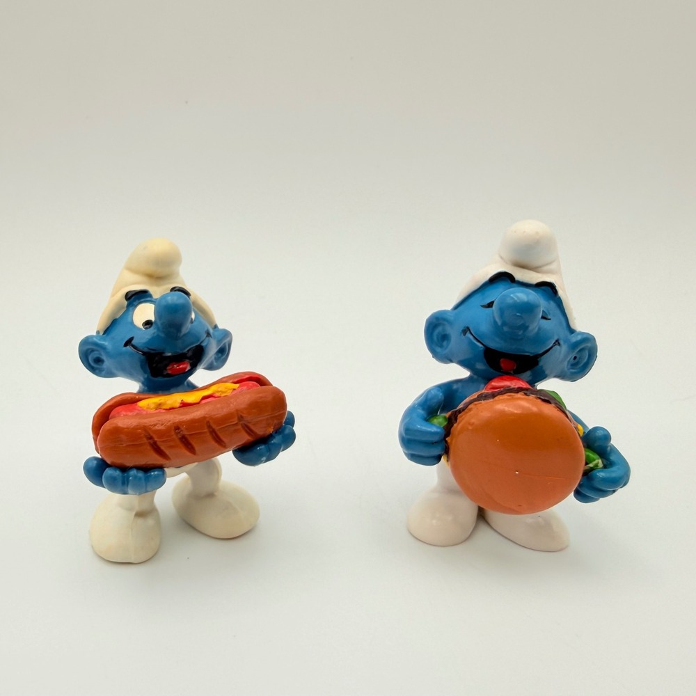 Vintage 1983 Smurf Figurines Set Hamburger & Hot Dog Schleich Peyo PVC 2pc